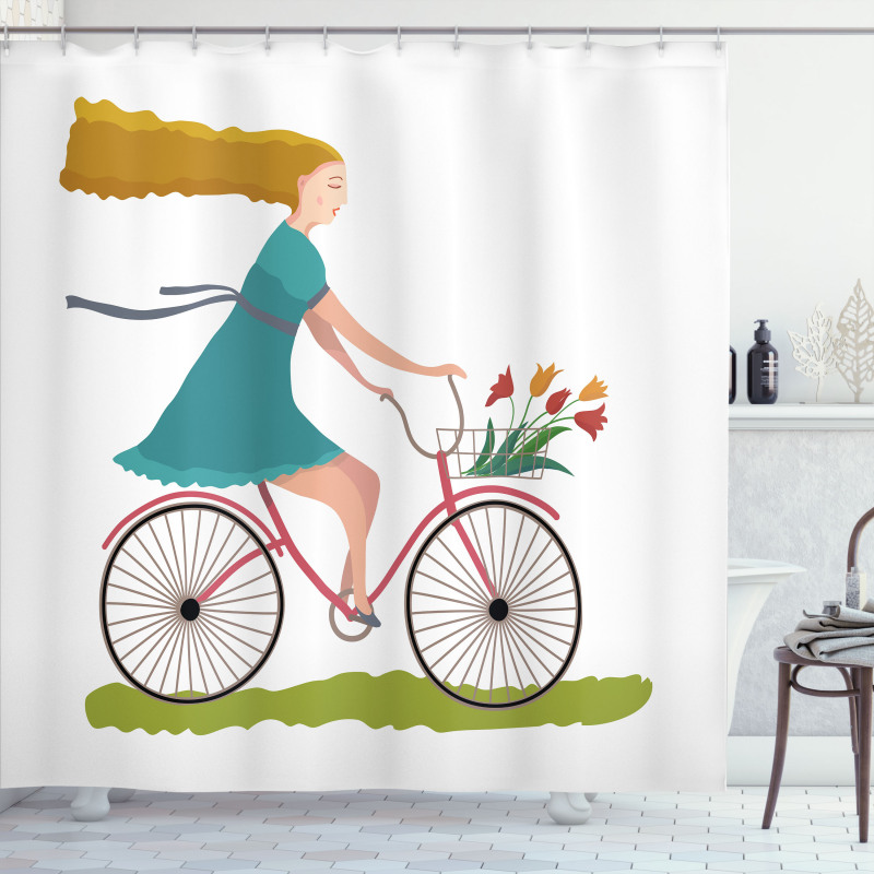 Woman on Bike Tulips Shower Curtain