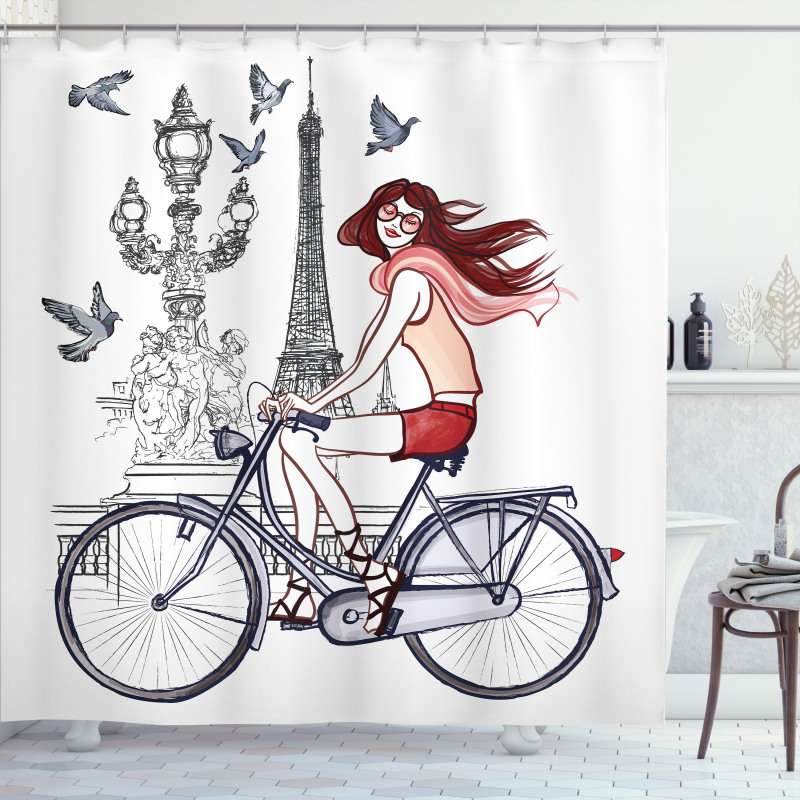 Woman on Bike Eiffel Shower Curtain