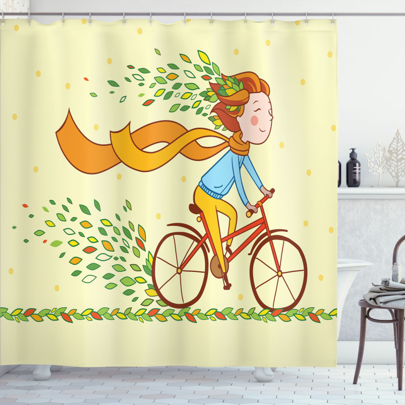 Girl Bike Autumn Leaves Shower Curtain