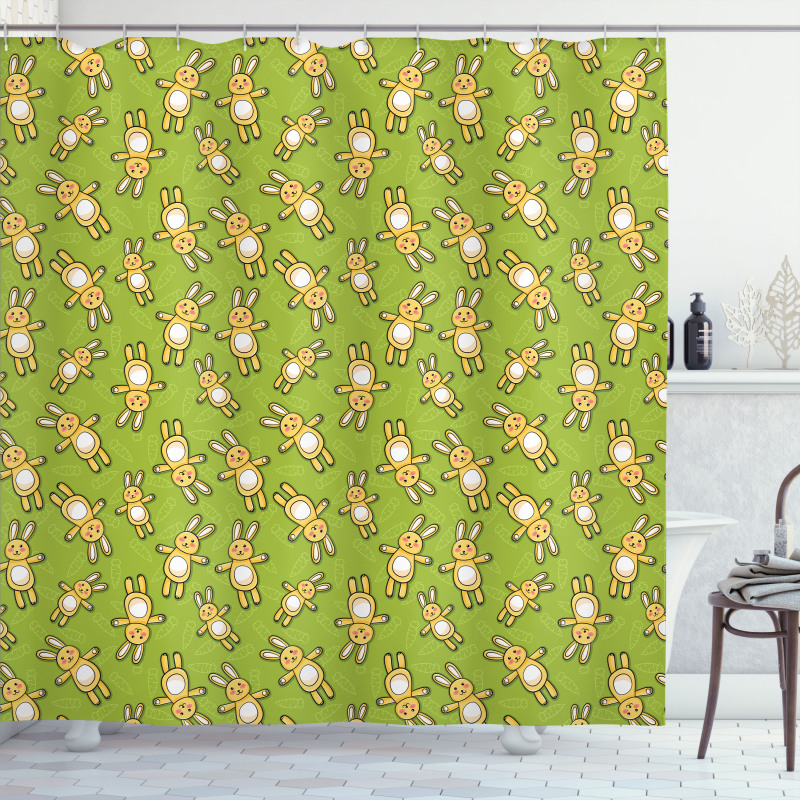 Rabbits Carrots on Green Shower Curtain