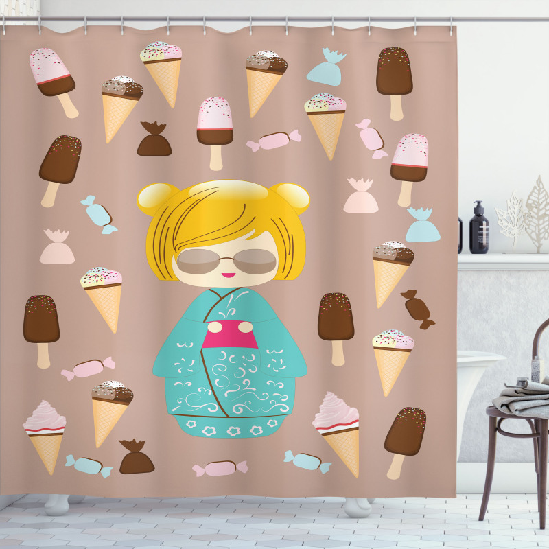 Kokeshi Doll Ice Cream Shower Curtain