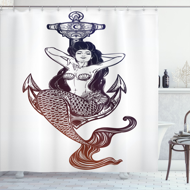 Monochrome Mermaid Motif Shower Curtain