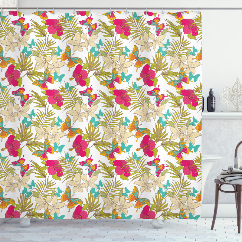 Tropical Flowers Leaves Shower Curtain