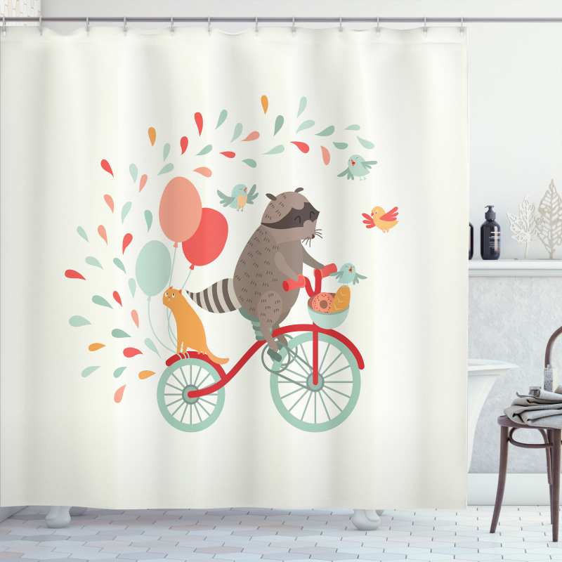 Cheerful Raccoon Bike Shower Curtain