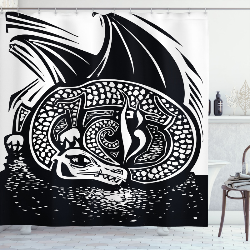 Curled up Dragon Sketch Shower Curtain