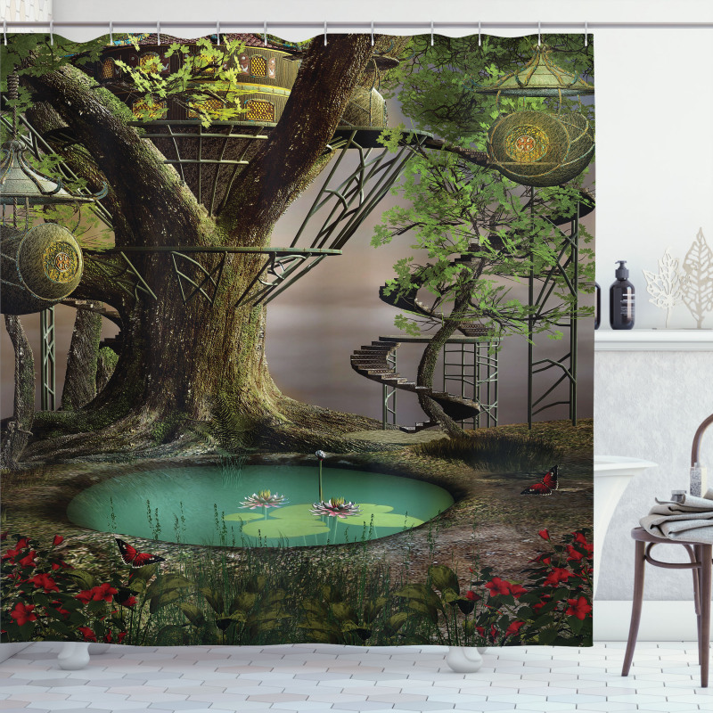 Enchanted Tree Fort Pond Shower Curtain