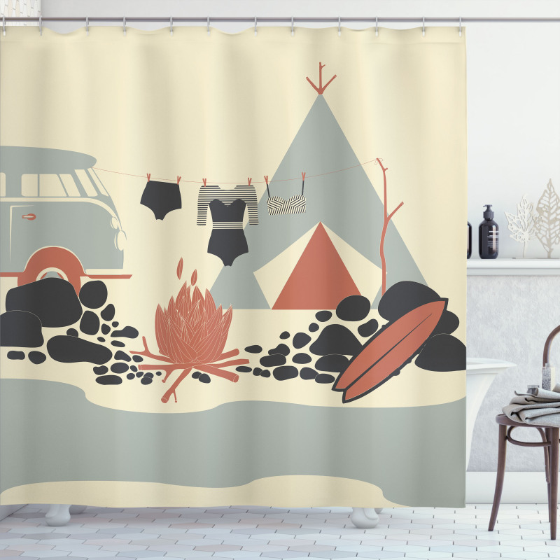 Tent Van and Fire Beach Shower Curtain