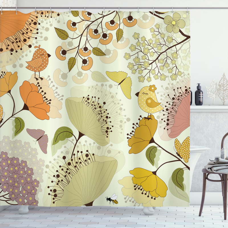 Flowers Birds Butterfly Shower Curtain