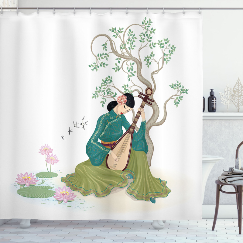 Woman Music Instrument Shower Curtain