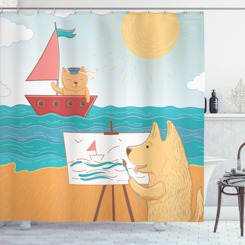 Summer Vacation Cat Dog Shower Curtain