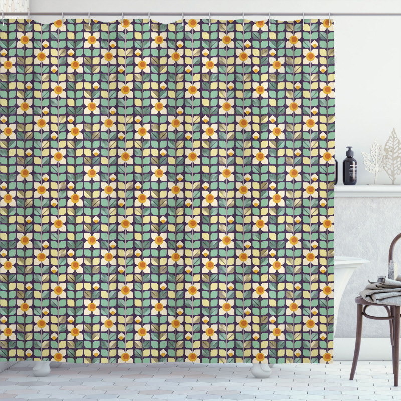 Grid Petals Leaves Stems Shower Curtain