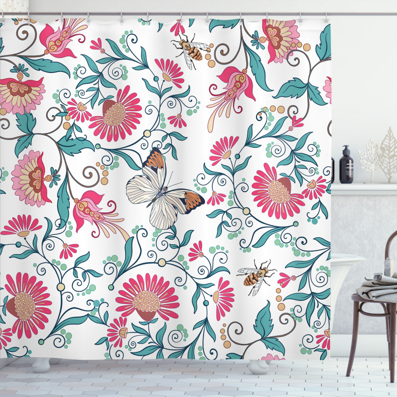 Vintage Floral Art Insects Shower Curtain