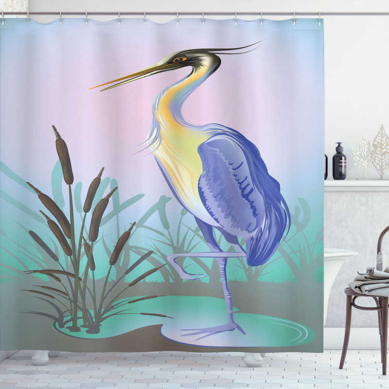 Heron with Reed Water Shower Curtain