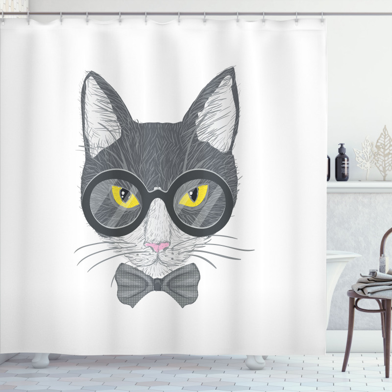 Greyscale Cat with Bowtie Shower Curtain