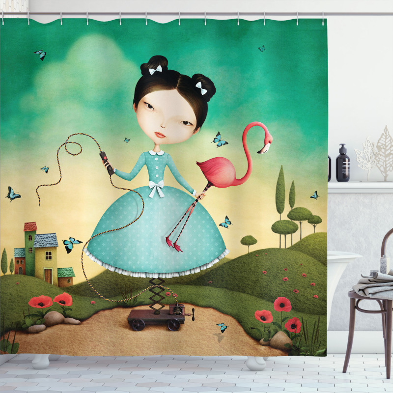 Girl and Flamingo Toy Shower Curtain