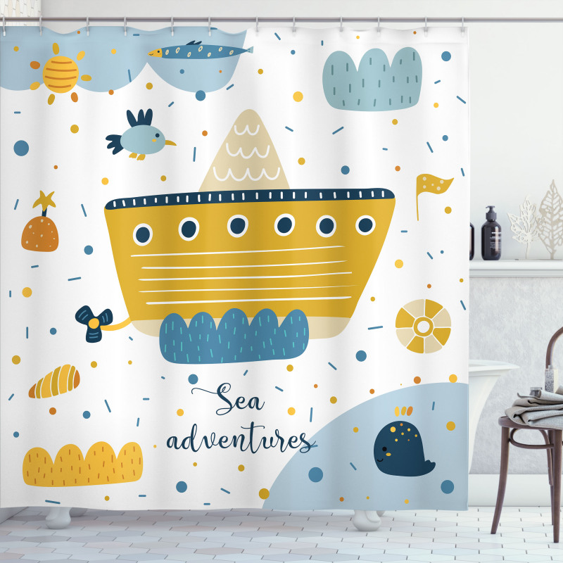 Ship and Puffy Clouds Shower Curtain