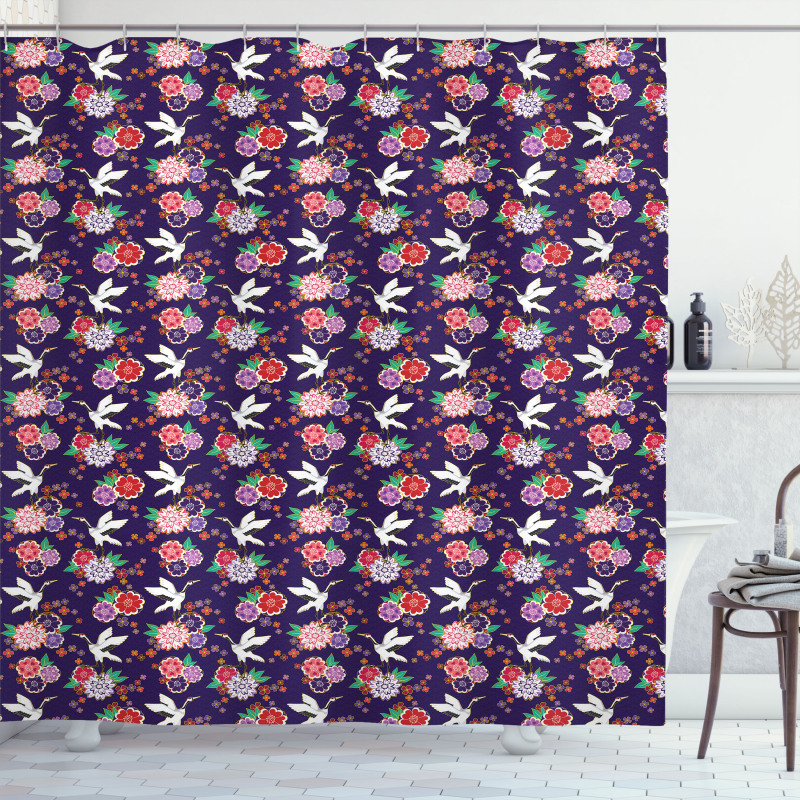 Flying Crane and Flowers Shower Curtain
