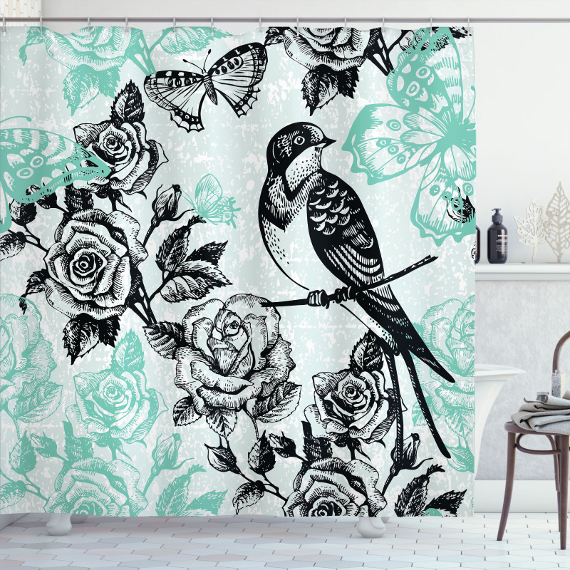 Mockingbird on Rose Tree Shower Curtain