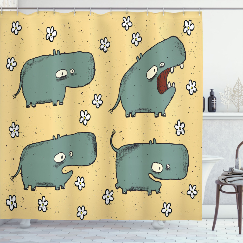 Comic Hippo Floral Grungy Shower Curtain