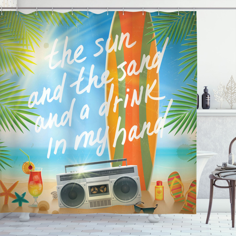 Tropical Beach Surfboard Shower Curtain