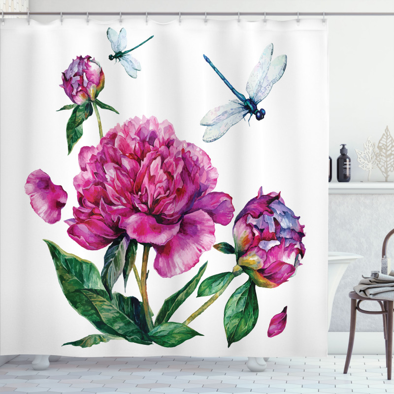 Peonies and Dragonflies Shower Curtain