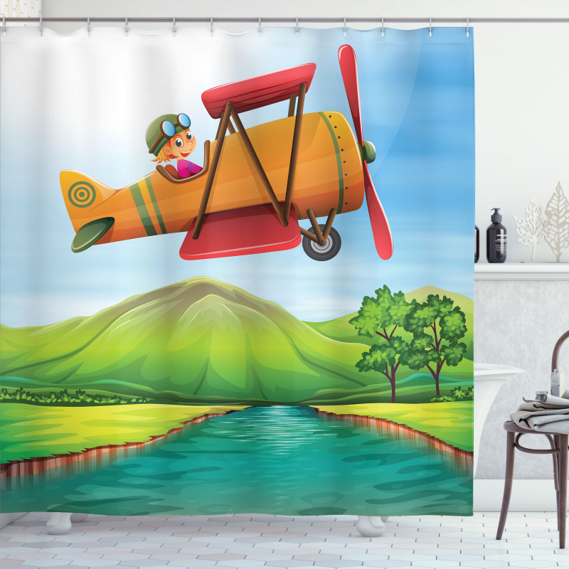 Kid on a Biplane River Shower Curtain