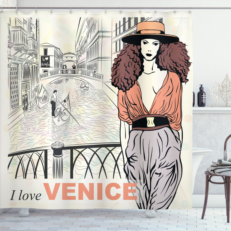 Venice Duş Perdesi İtalyayı Seven Kadın Vintage Tarzı Görsel