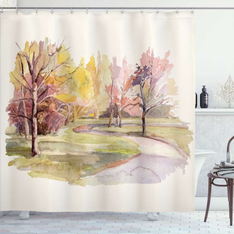 Watercolor Trees and Road Shower Curtain