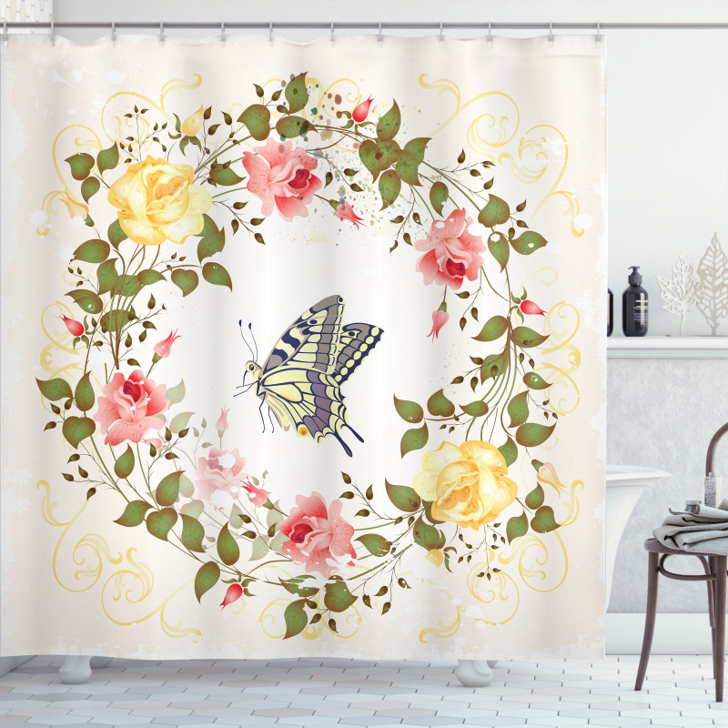 Vintage Wreath Butterfly Shower Curtain