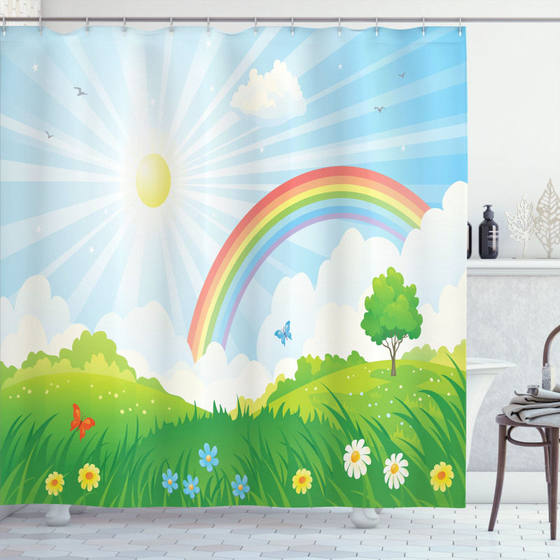 Sun and Rainbow Flowers Shower Curtain