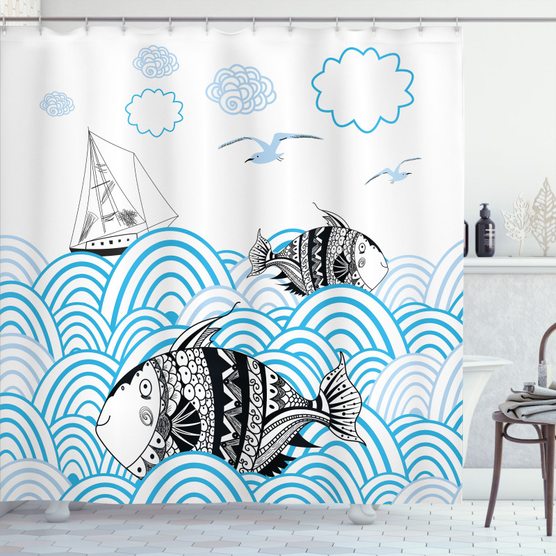 Sketch Boat and Animals Shower Curtain