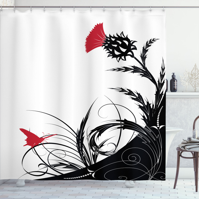 Floral Butterfly Motif Shower Curtain