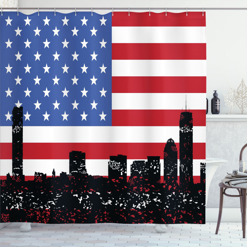 Skyline and US Flag Shower Curtain