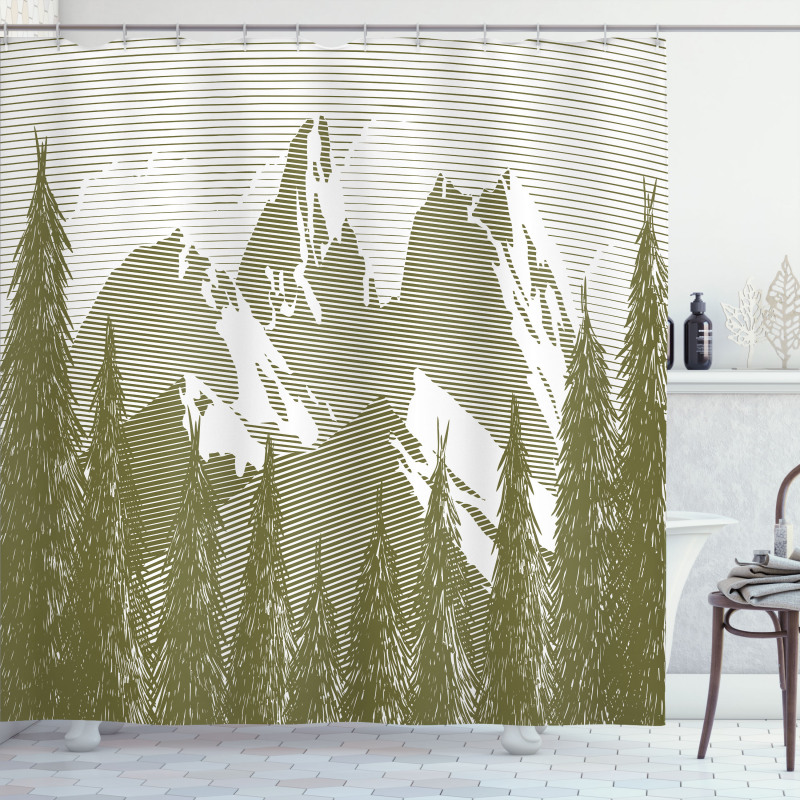 Woodcut Style Mountain Land Shower Curtain