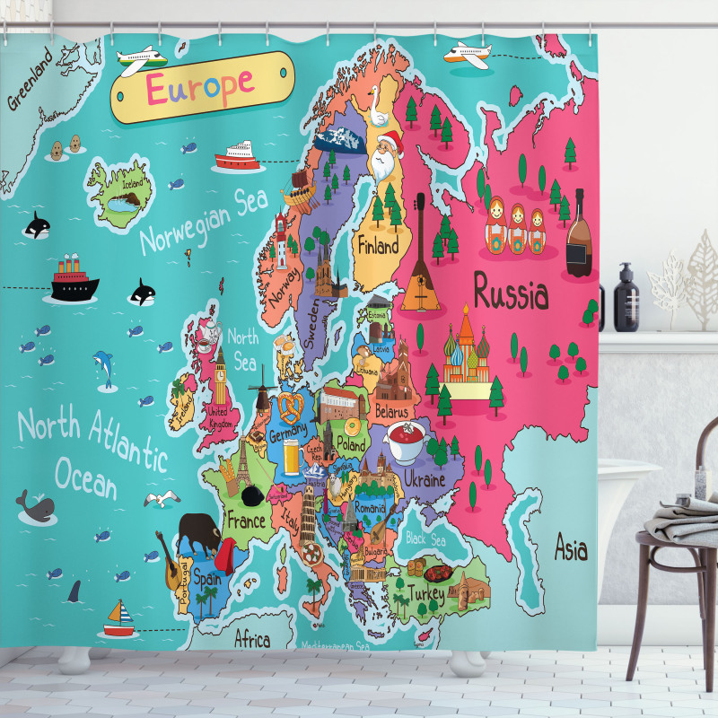 Cartoon Europe Map Landmark Shower Curtain