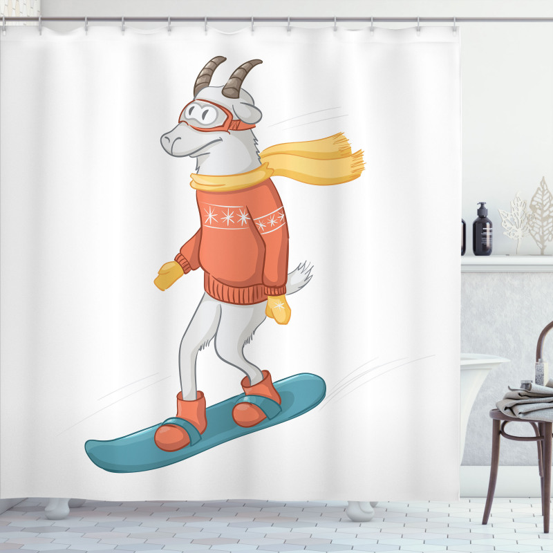 Cartoon Goat Snowboarding Shower Curtain