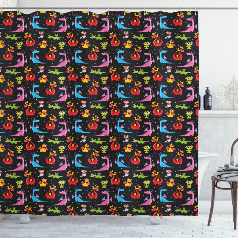 Colorful Stars on Black Shower Curtain