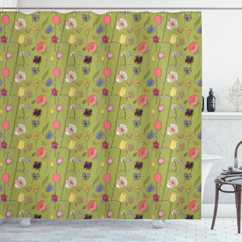 Messy Flowers on Green Shower Curtain