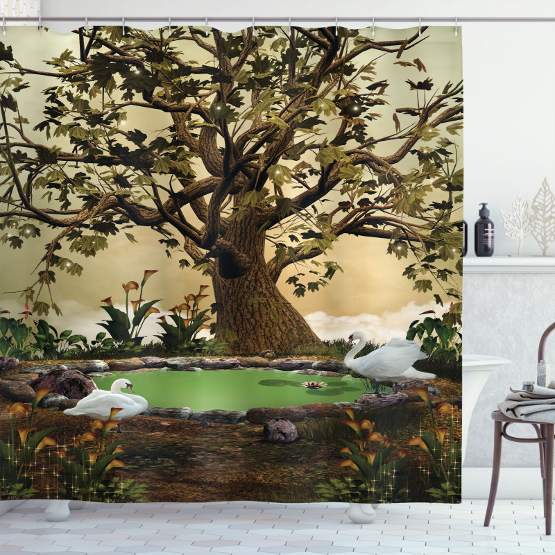 Forest Tree Pond and Swans Shower Curtain