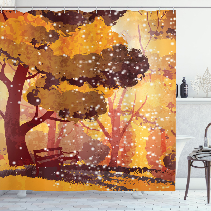 Trees and Bench Snowfall Shower Curtain