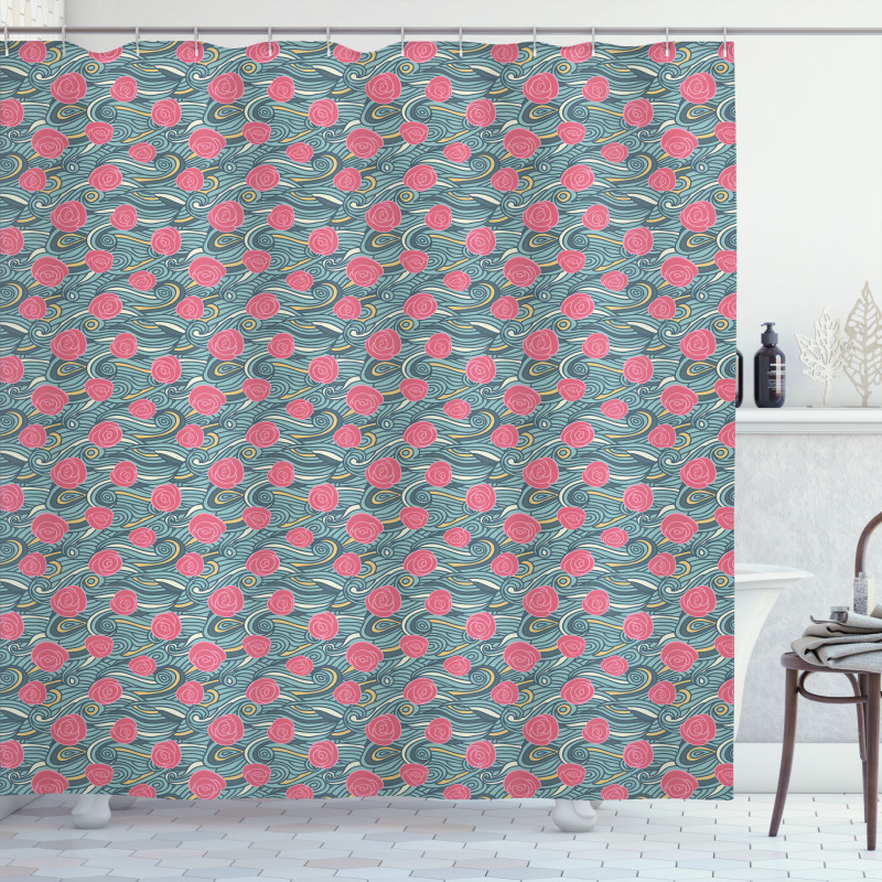 Waves and Roses Shower Curtain