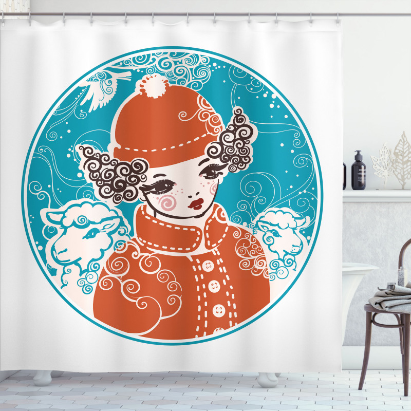 Little Girl in Winter Sheep Shower Curtain