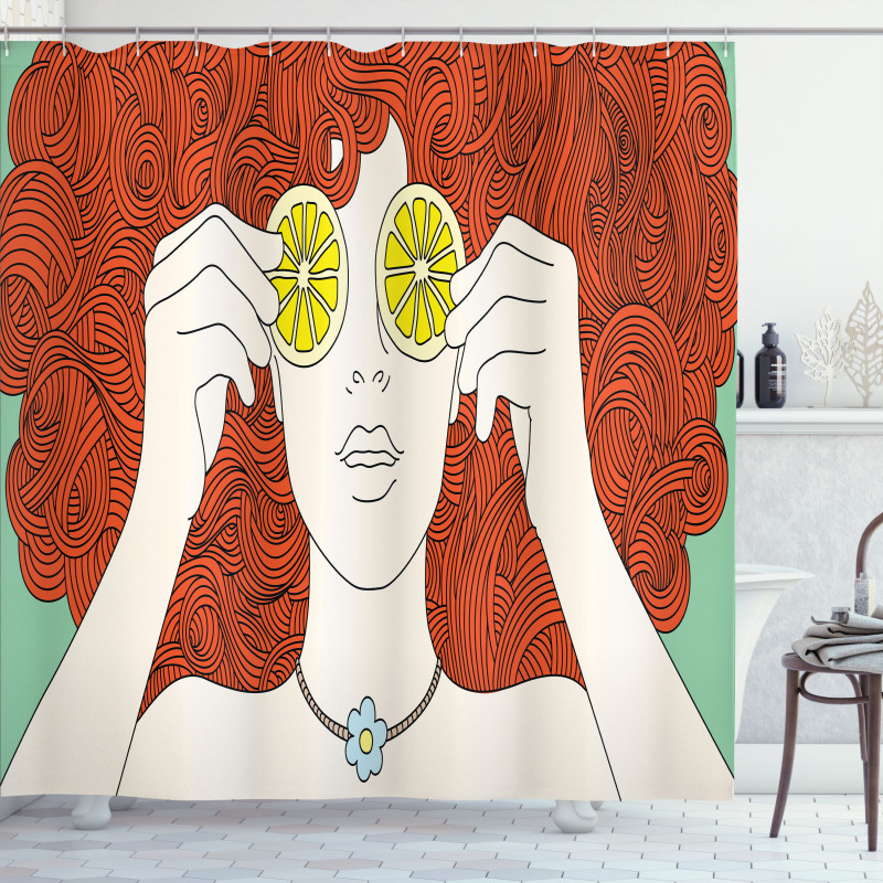 Curly Ginger Hair Girl Lemon Shower Curtain