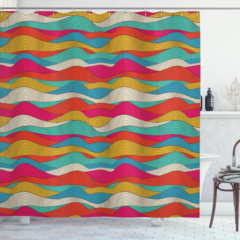 Retro Colorful Wave Design Shower Curtain