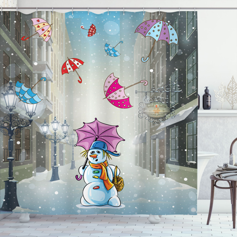 Cartoon Snowman and Umbrella Shower Curtain