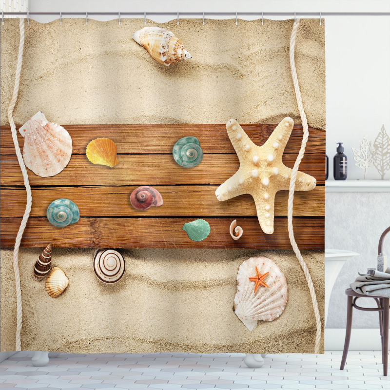Rustic Board Seashells Shower Curtain