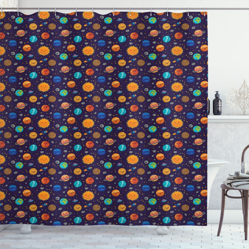 Cheerful Planets and Rockets Shower Curtain
