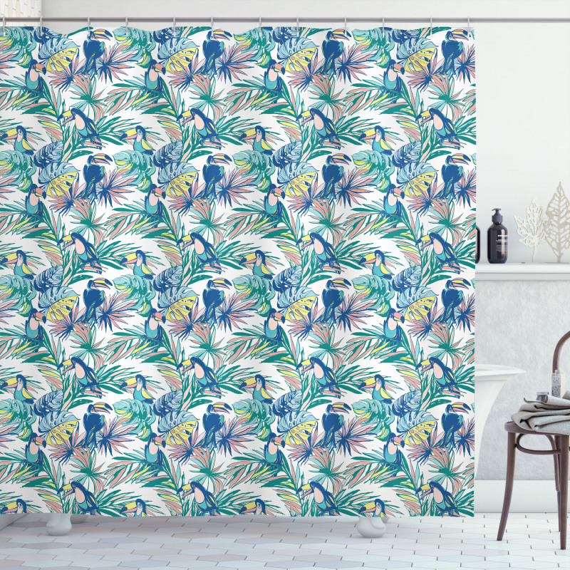 Toucan Bird Monstera Leaf Shower Curtain