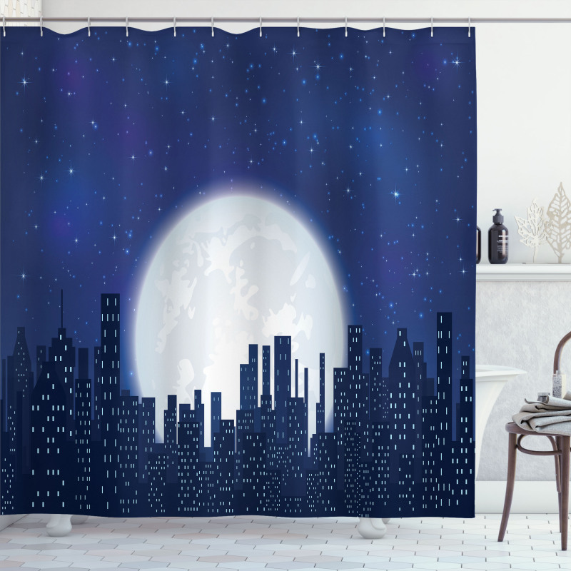 Moon Stars and City Shower Curtain