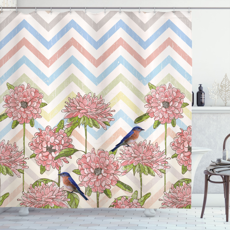 Zigzags Flowers and Birds Shower Curtain